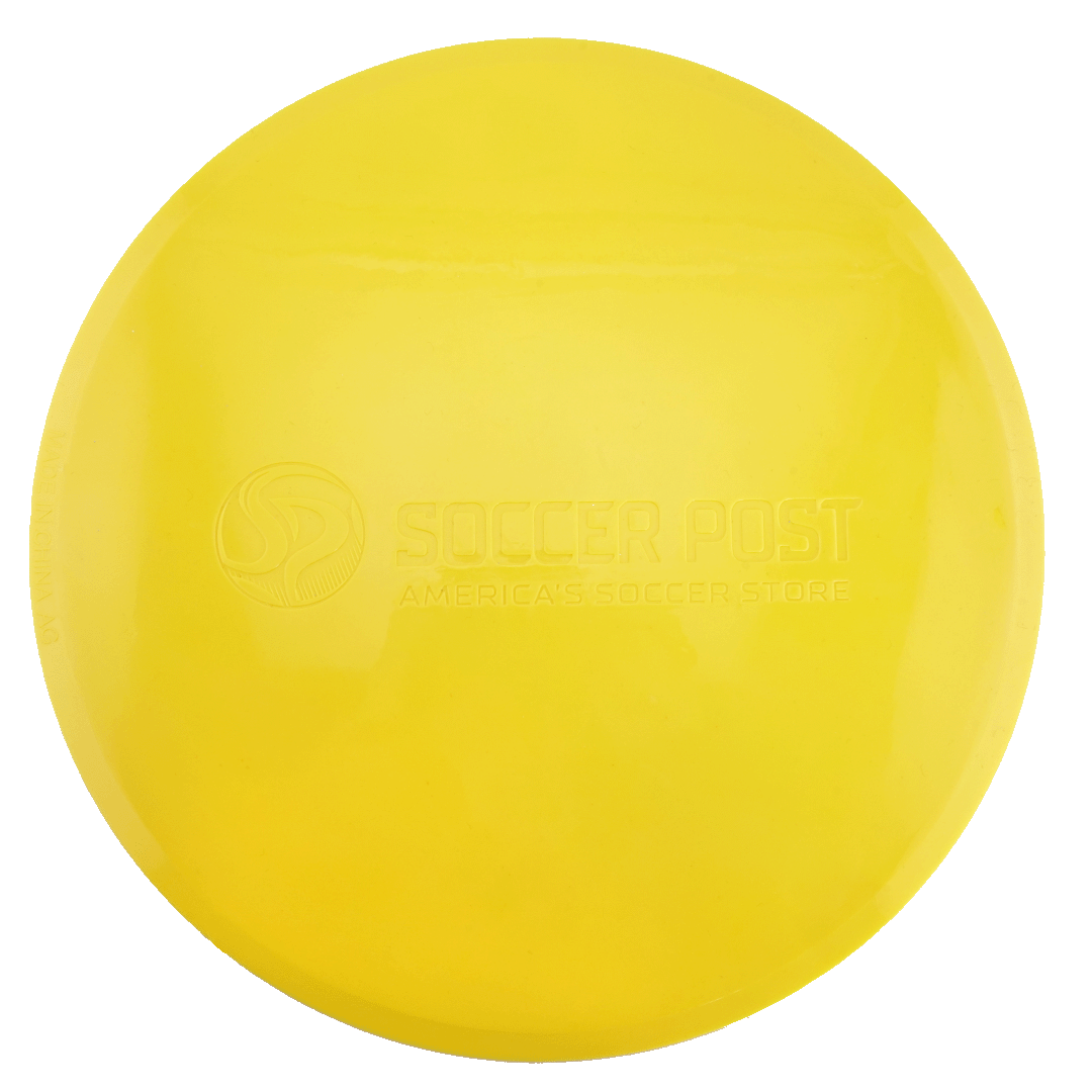 A yellow, circular soccer field marker embossed with the Soccer Post logo and the text "America's Soccer Store" in the center.