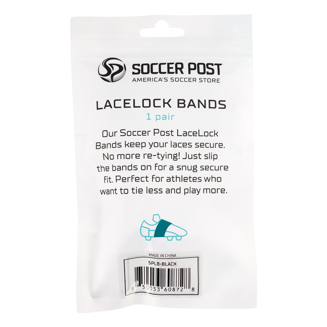 The packaging for Soccer Post Lace Lock Bands features the brand logo and product name on a white bag. It includes a teal illustration of a soccer cleat with a band around the laces and text explaining that the bands provide a secure fit for athletes. A barcode label at the bottom identifies the product color as black.