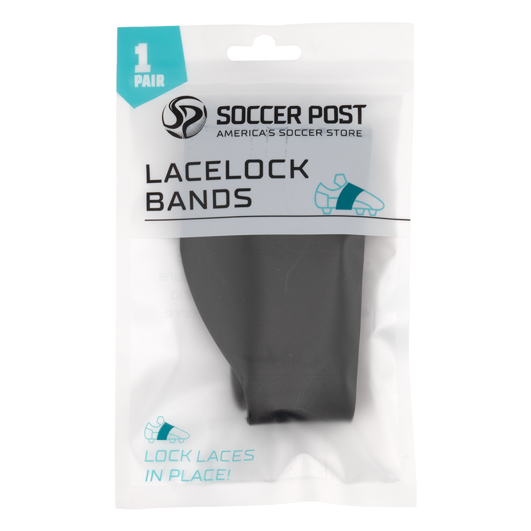 A pair of black Soccer Post Lace Lock Bands in their original white, semi-transparent plastic packaging. The bag features the Soccer Post logo, the product name in bold black text, and a teal label that reads "1 PAIR." A small graphic shows how the band fits around a soccer cleat to keep laces in place.