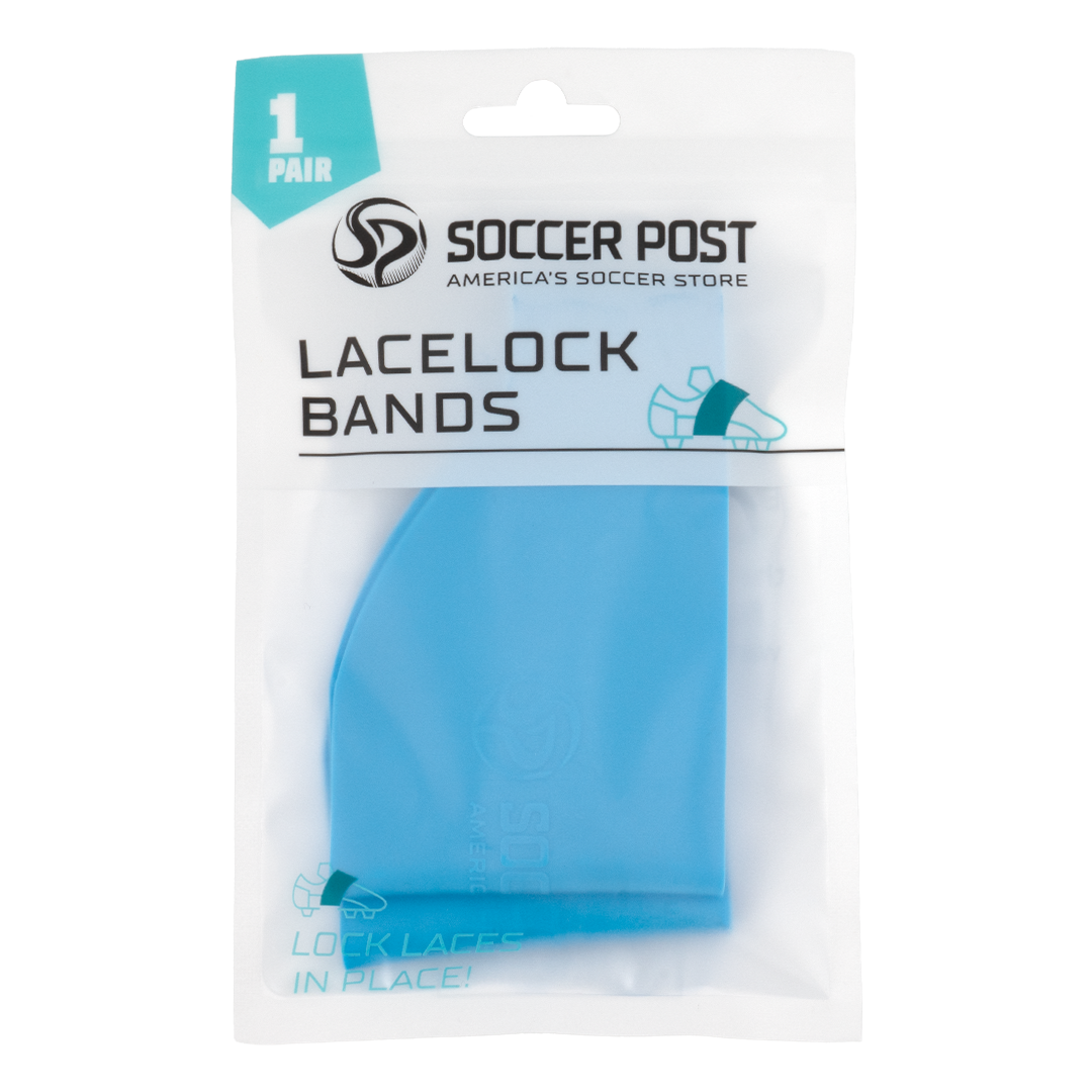 A retail package containing a pair of light blue Soccer Post Lace Lock Bands.