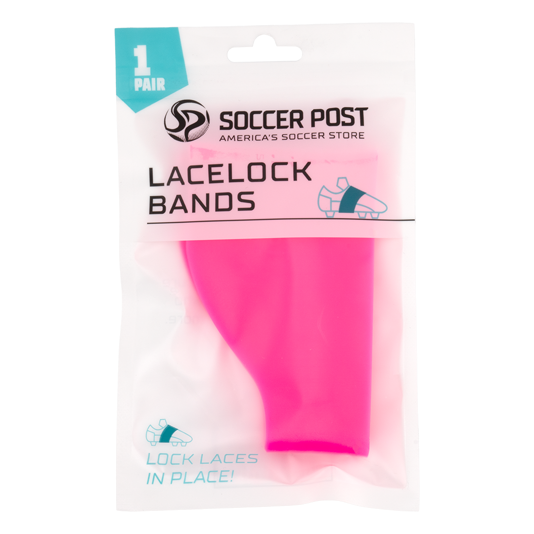 A retail package of one pair of bright pink Soccer Post Lace Lock Bands, featuring a diagram showing how the bands wrap around a soccer cleat to lock laces in place.
