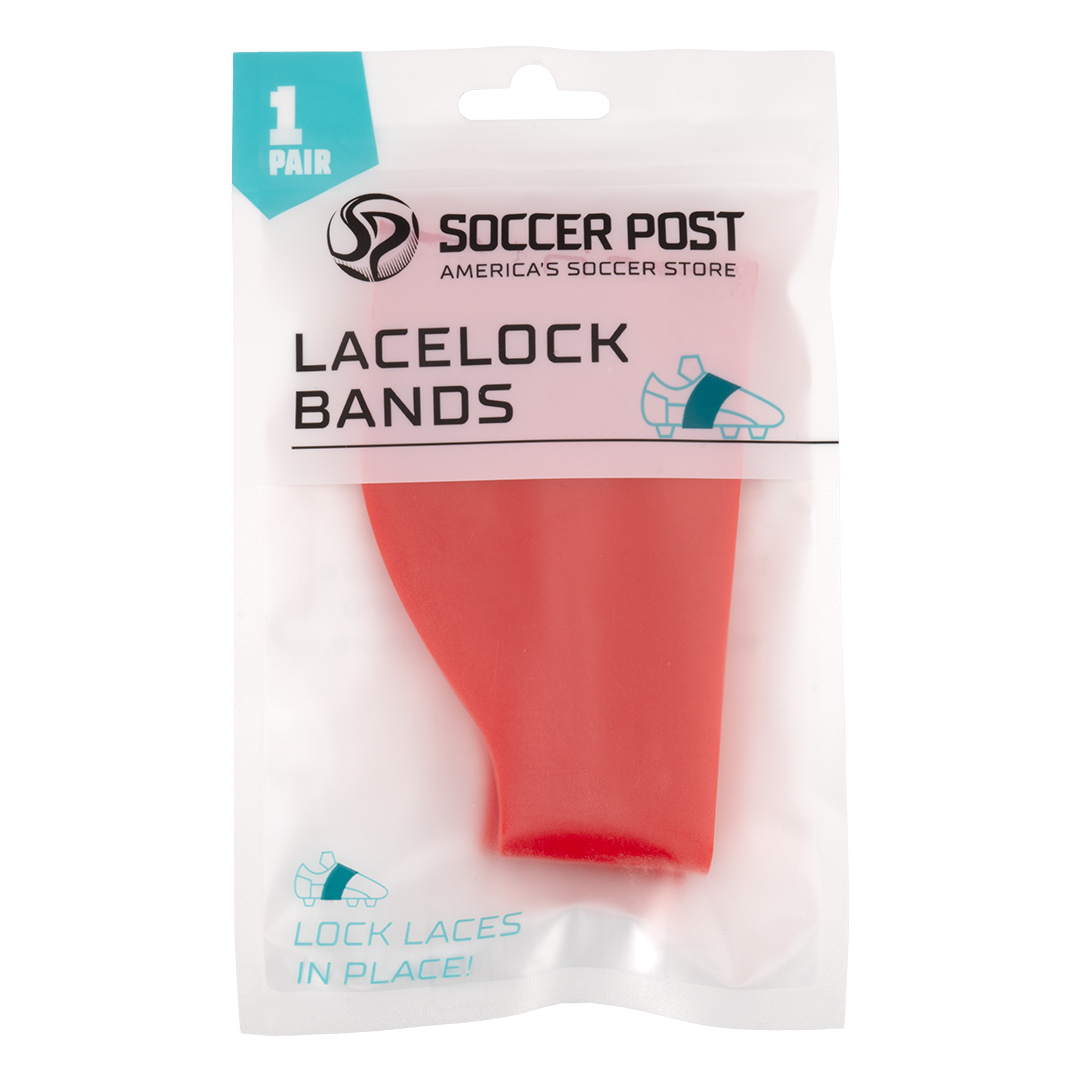 A 1-pair pack of red Soccer Post Lace Lock Bands in a clear and white plastic package. The bands are designed to be worn over soccer cleats to keep laces securely tied during play.