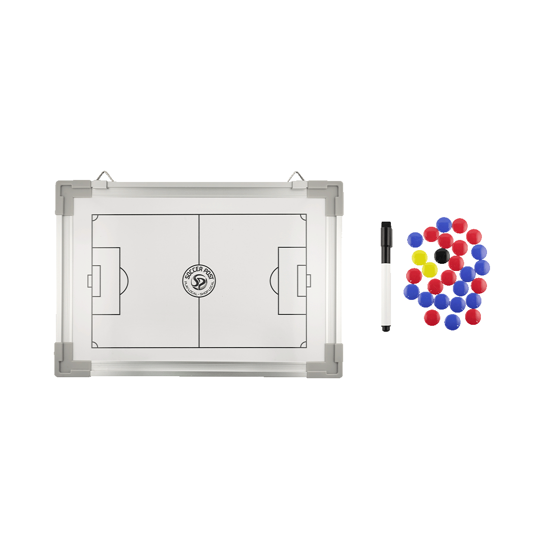 Soccer coach tactic whiteboard featuring a pitch layout, a dry-erase marker, and colorful magnetic player markers on a green background.