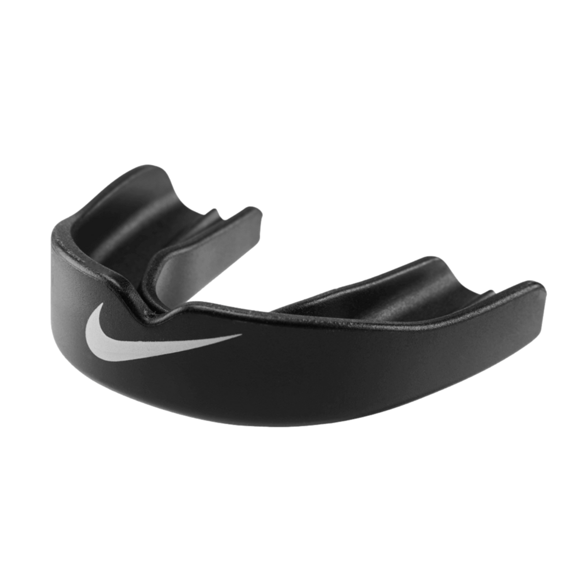 Black Nike sports mouthguard with a white swoosh logo, shown from an angle revealing its inner protective channel.