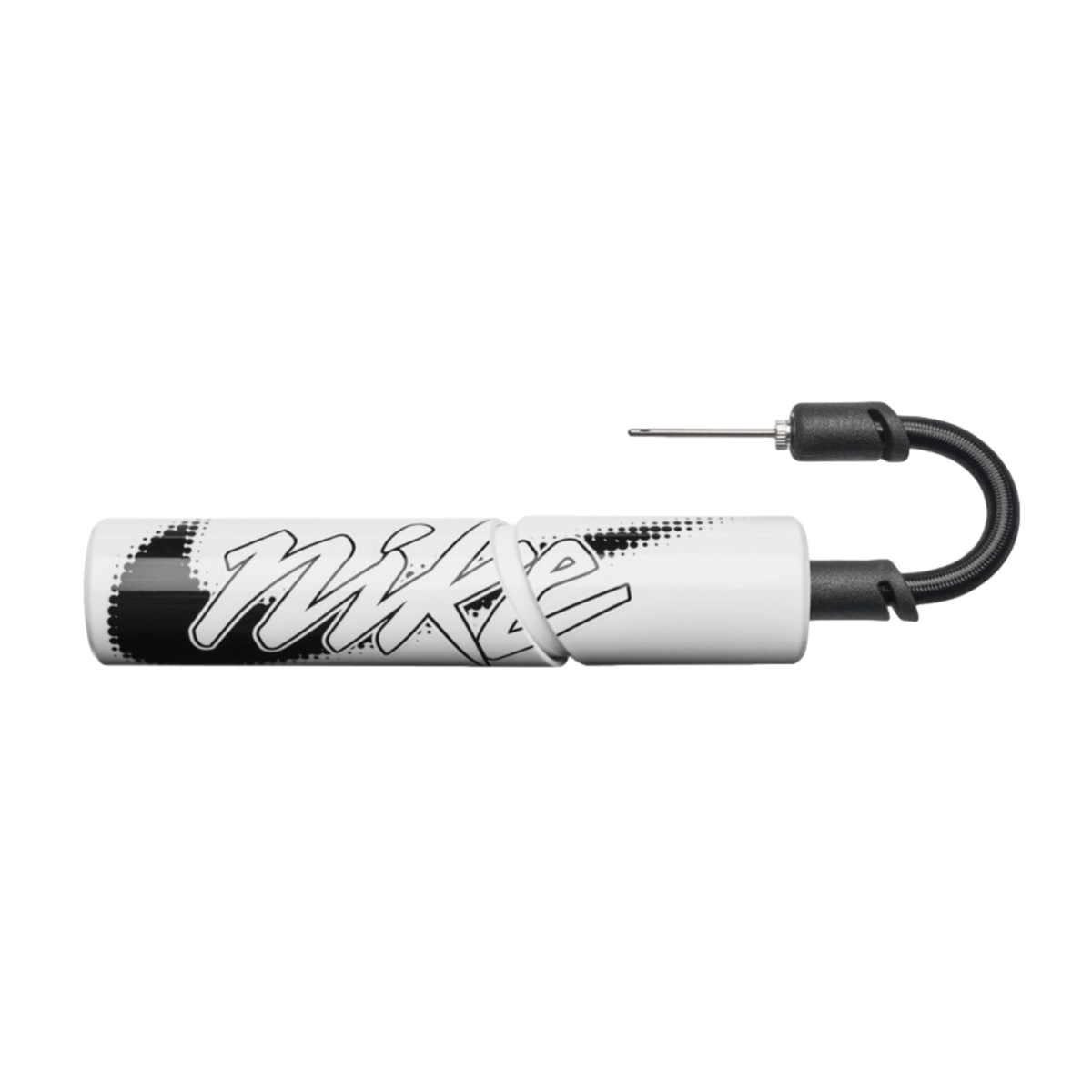 Compact white Nike ball pump with graffiti-style branding, a black hose, and a needle on a black background.