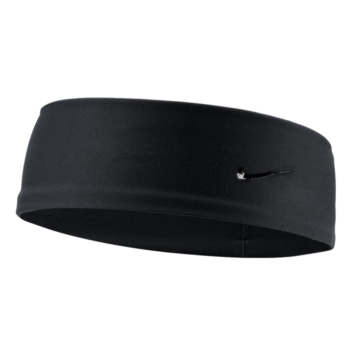 Black Nike fleece headband with a small, tonal Nike swoosh logo on the front right side, set against a black background.