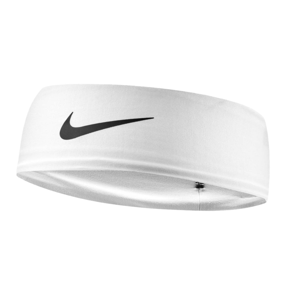 A white Nike headband with a black swoosh logo on the front, set against a solid black background.