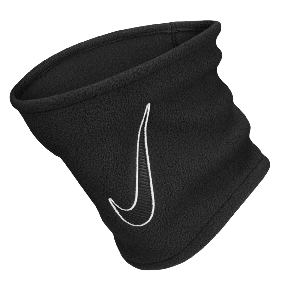 A black fleece Nike neck gaiter with a white swoosh logo outline.