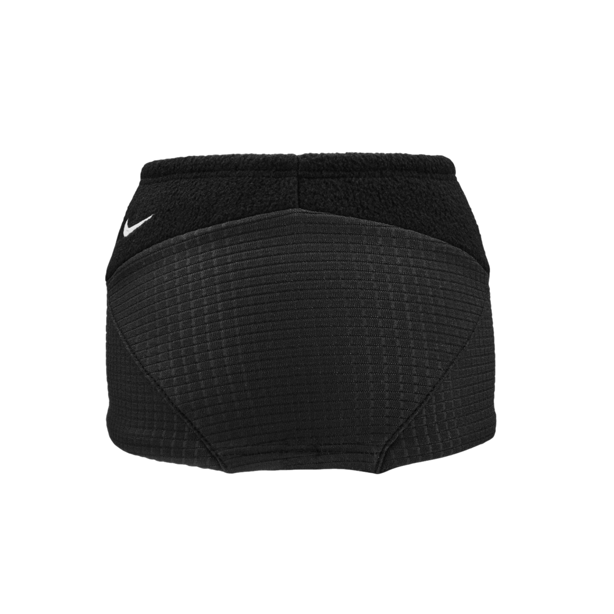 Black Nike neck warmer featuring a fleece top section, a grid-textured bottom, and a small white swoosh logo.