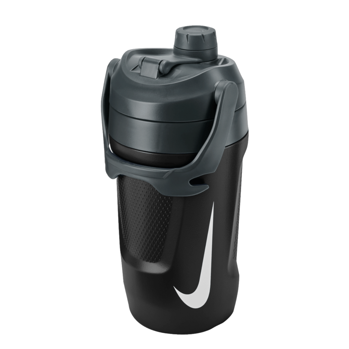 A large black and grey Nike fuel jug with a carrying handle, a screw-top lid, and a white swoosh logo.
