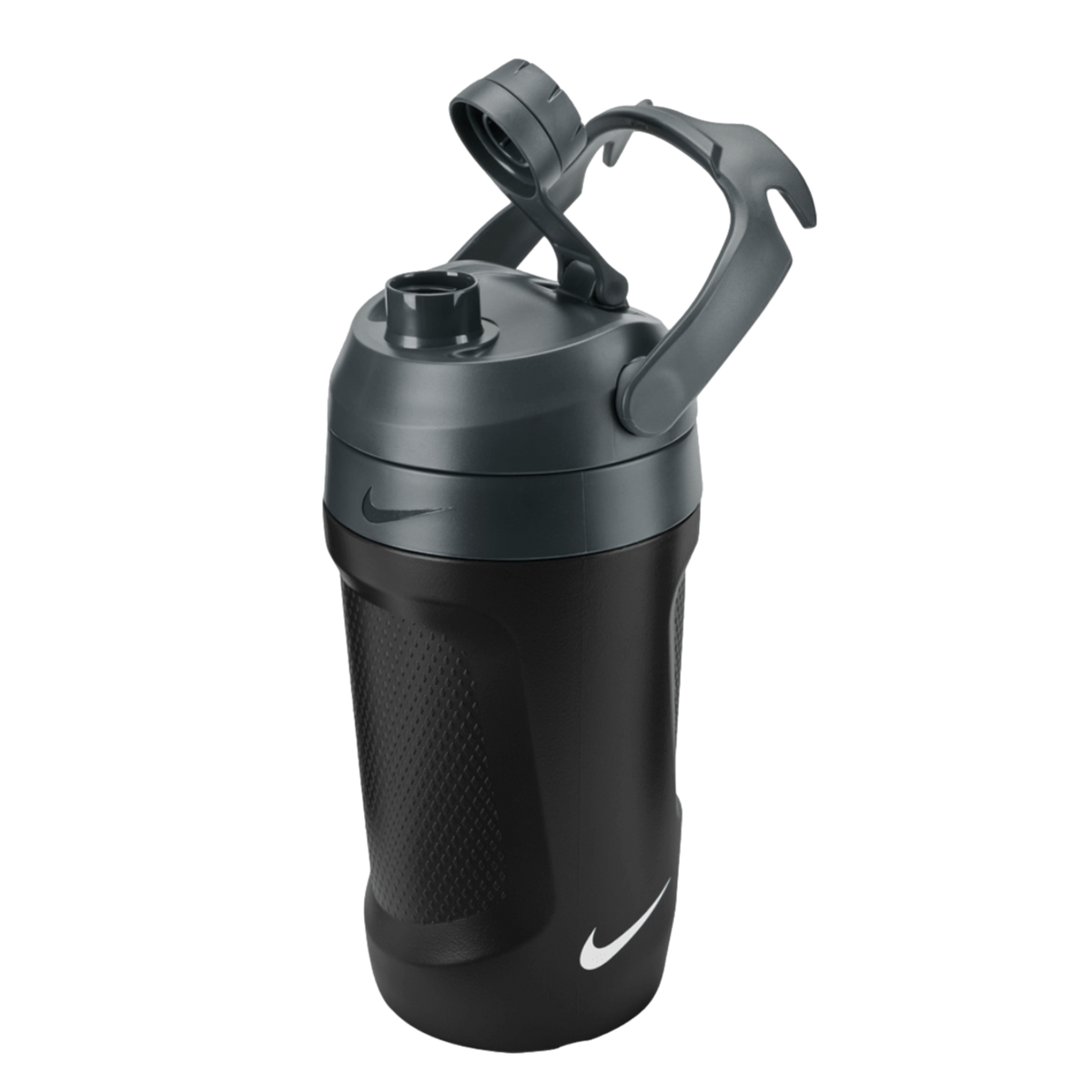 Black and grey Nike water bottle with an open flip-top lid, integrated carrying handle, and textured grip, positioned against a solid black background.