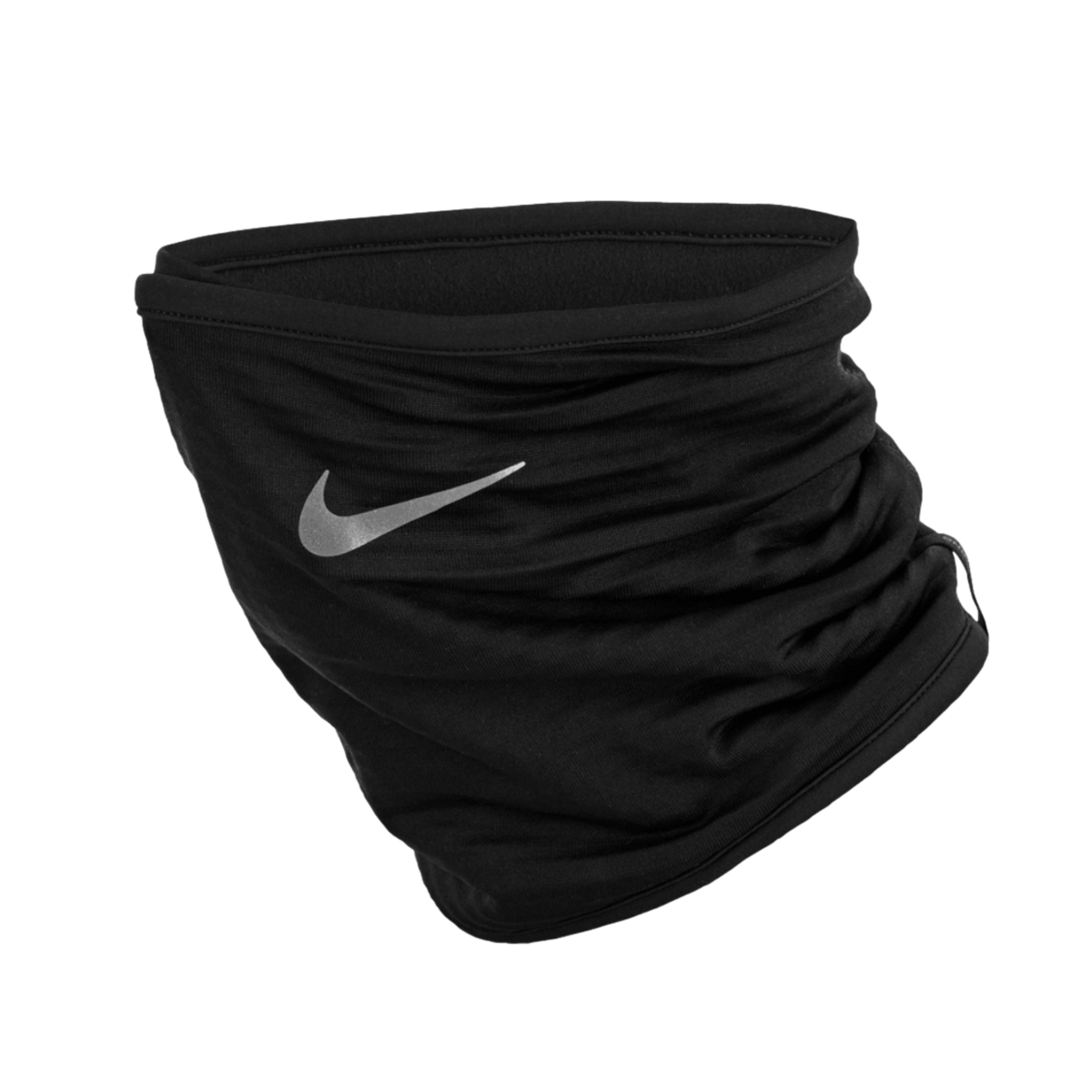 A black Nike neck gaiter with a silver reflective swoosh logo on ruched fabric.