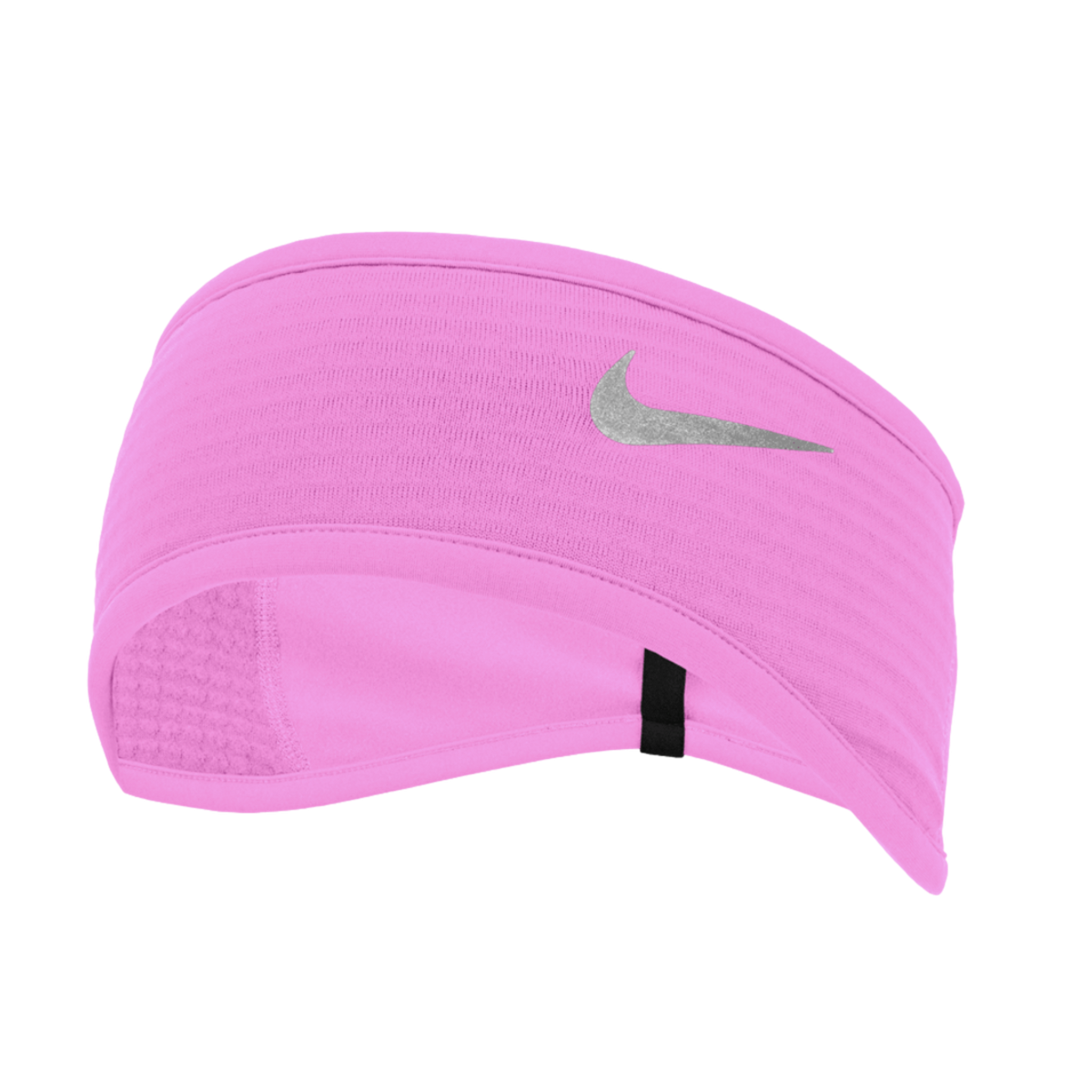 A bright pink Nike athletic headband with a reflective silver swoosh logo, contoured for ear coverage, set against a black background.