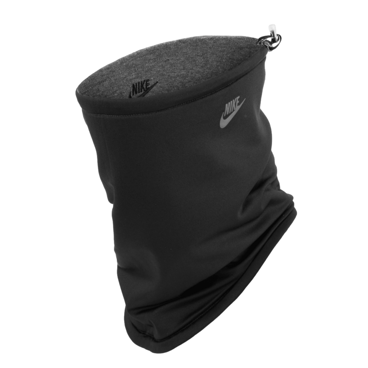 Black Nike neck gaiter with a grey fleece lining, silver Nike logo, and adjustable toggle at the top, displayed against a solid black background.