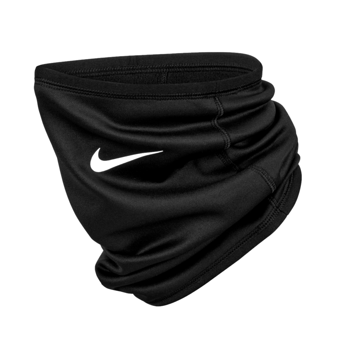 Black Nike neck gaiter with a black swoosh logo, shown bunched up against a black background.