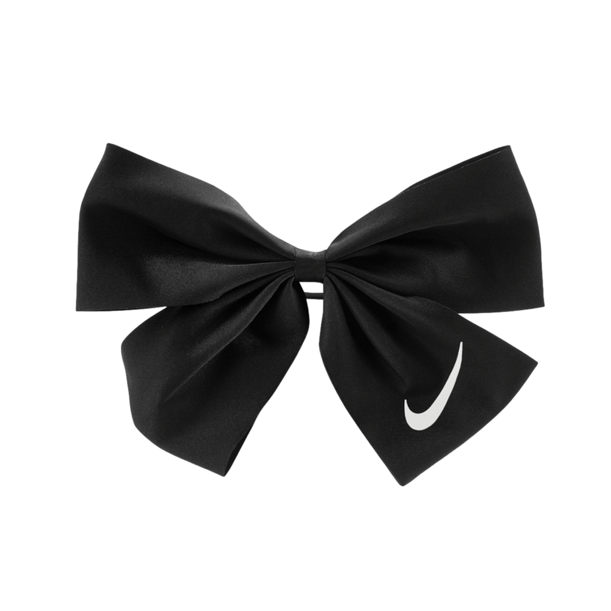 A black ribbon bow featuring a white Nike swoosh logo on the bottom right side, isolated against a solid black background.
