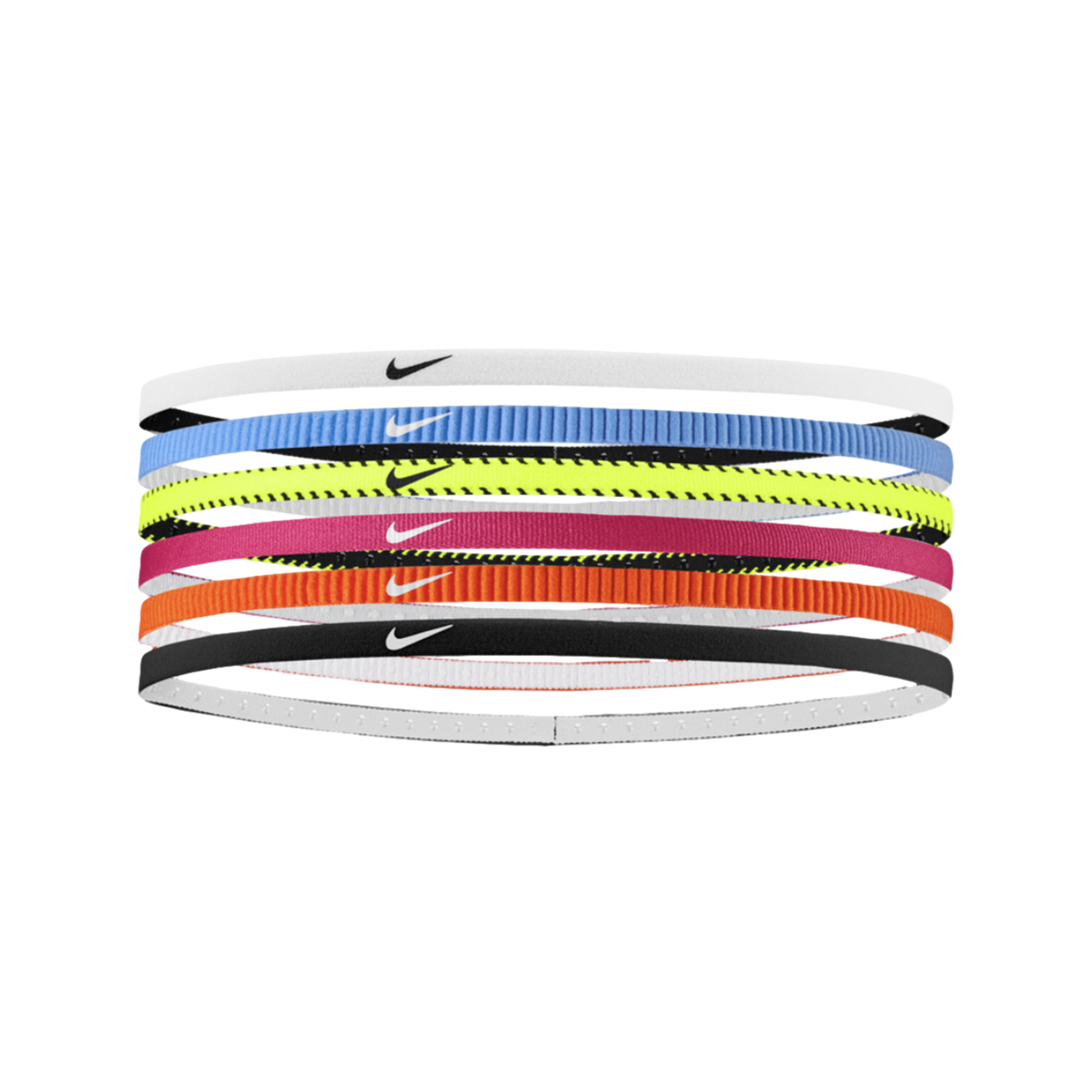Six thin Nike elastic headbands in various colors (white, blue, lime, pink, orange, black) stacked vertically. Each headband features the iconic swoosh logo.