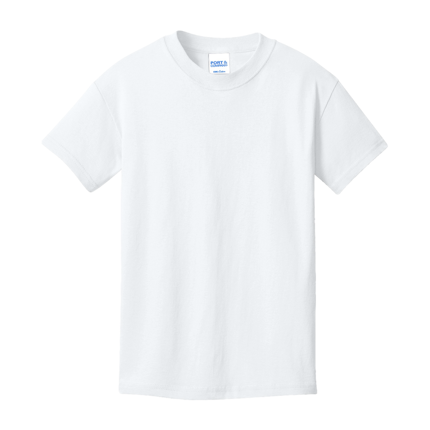 Front view of a plain white, short-sleeved crew-neck t-shirt on a black background.