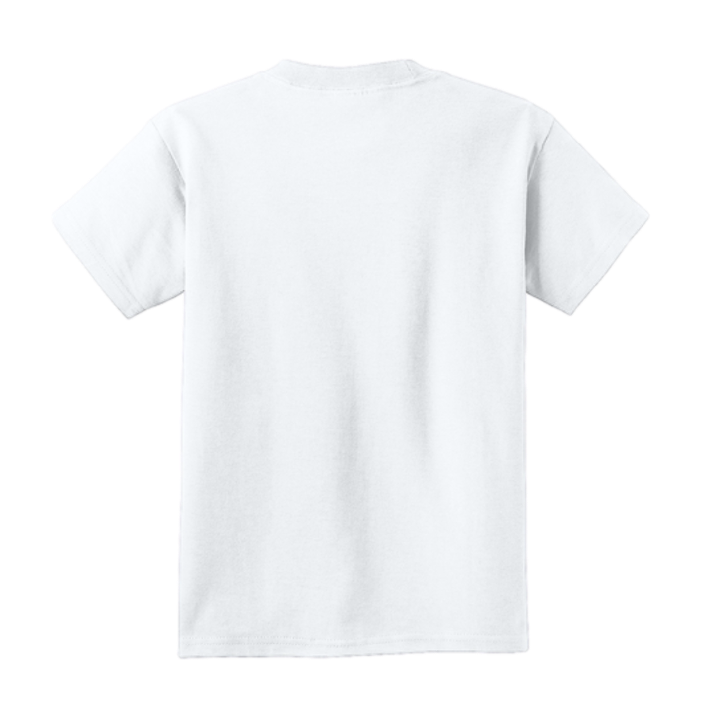 Back view of a plain white short-sleeved t-shirt against a solid black background.