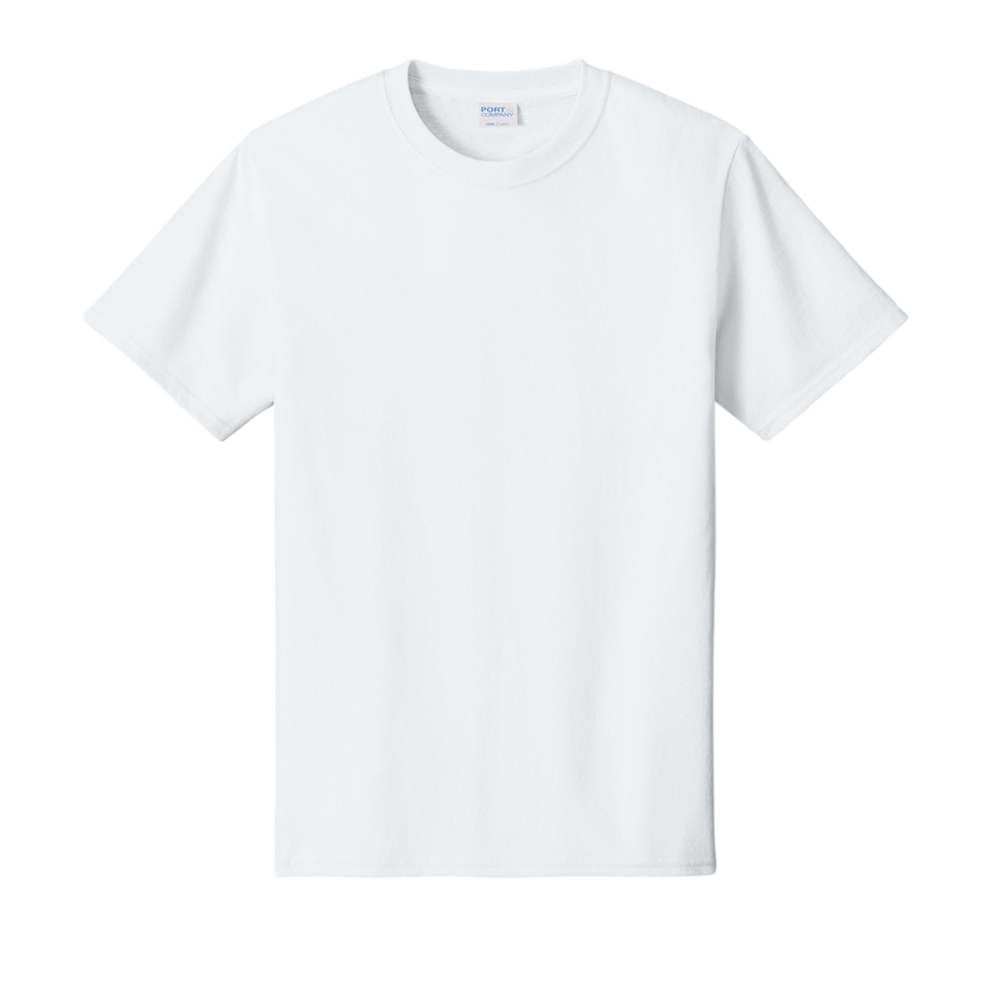 A plain white, short-sleeved crewneck t-shirt with a small blue "Port & Company" label, shown flat against a black background.