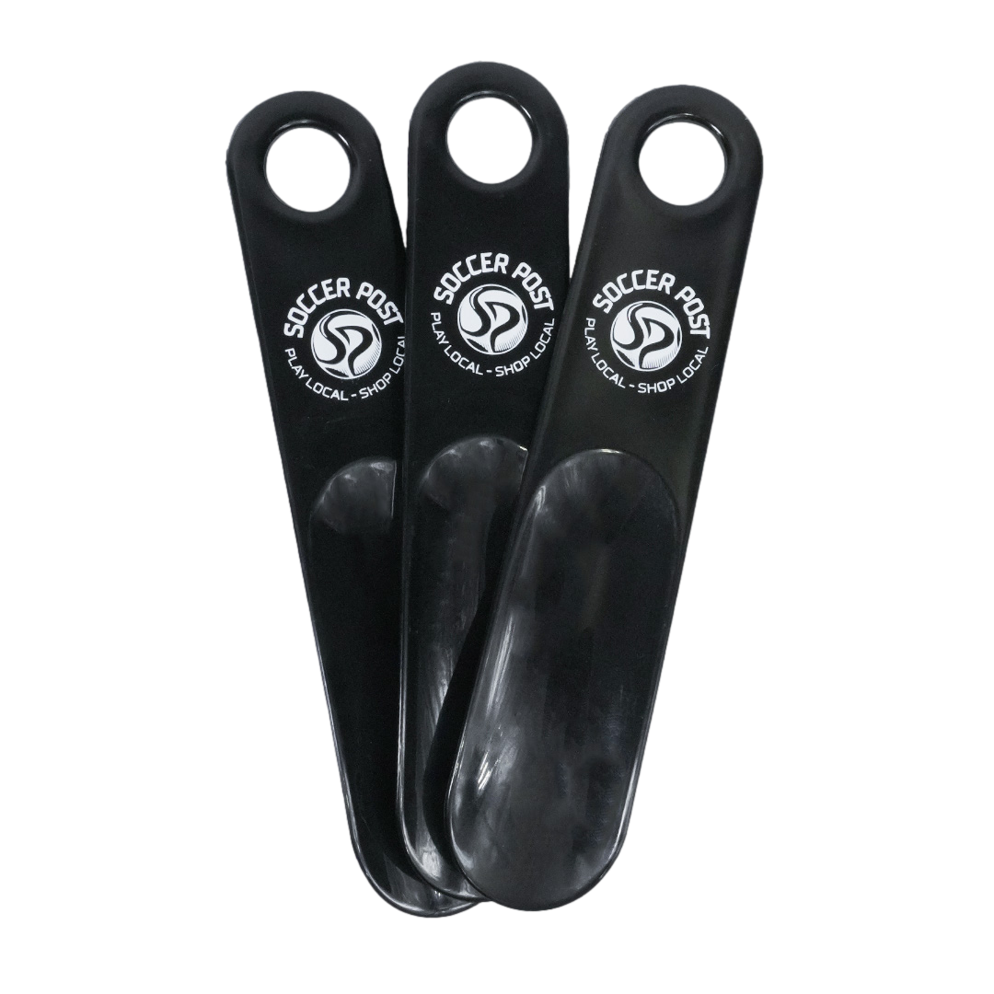 Three black Soccer Post Shoe Horns with white logos and hanging holes at the top.