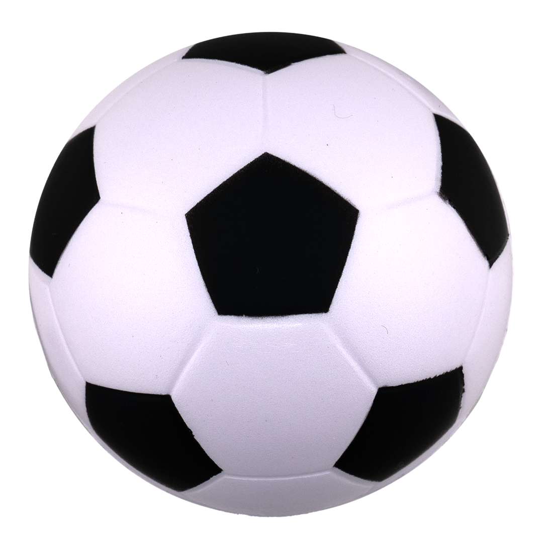A Soccer Post Stress Ball featuring a classic black and white pentagonal pattern.