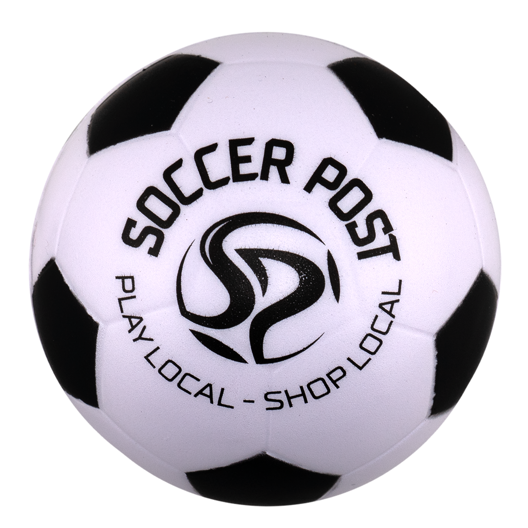 A white and black Soccer Post Stress Ball featuring the Soccer Post logo and the text "SOCCER POST" and "PLAY LOCAL - SHOP LOCAL."