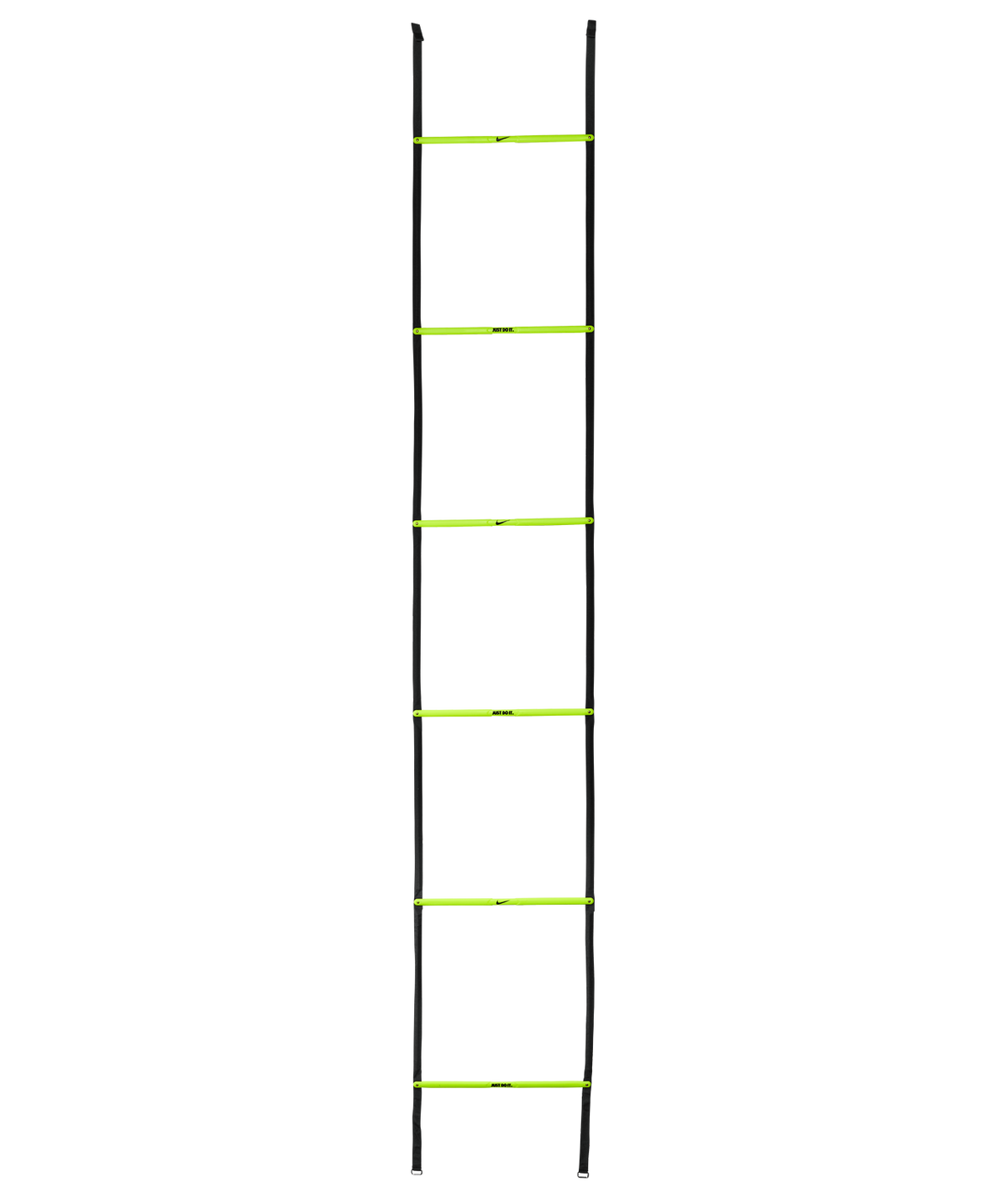 A vertical agility ladder with black side straps and six neon yellow rungs, featuring small Nike branding, shown against a solid black background.