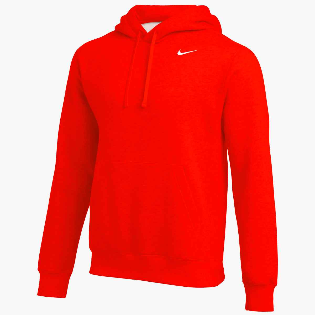 A red Nike hoodie with a small white swoosh logo on the chest, adjustable drawstrings, and a front kangaroo pocket.